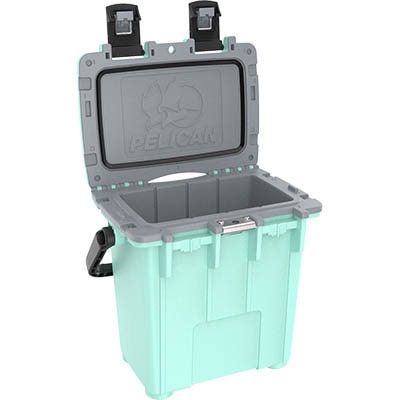 Seafoam green 20 quart cooler with the lid open, exposing Pelican logo on the lid.