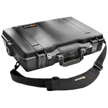 Rugged Pelican Protector Laptop case with strap, over-molded rubber handles, and stainless steel hardware.