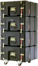 Four black ProRack rolling mount cases stacked on top of each other with the handles facing the front.