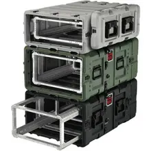 Pelican-Hardigg rotomolded rack case for use in harsh environments.