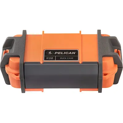 an orange Pelican r20 ruck case, closed